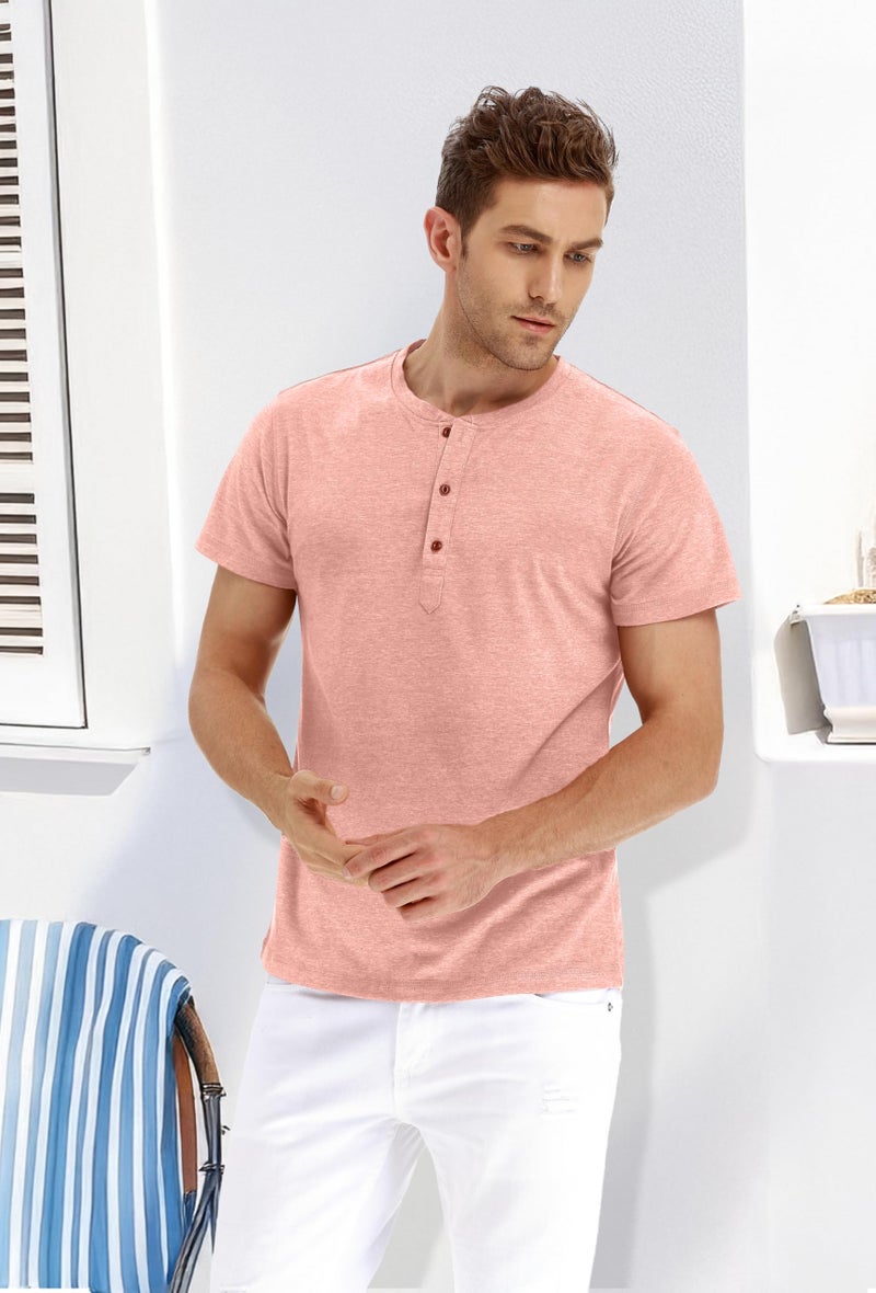 PEGENO Men's Fashion Casual Front Placket Short/Long Sleeve Henley T-Shirts Cotton Shirts (US Medium, A10 Pink) - Image 4